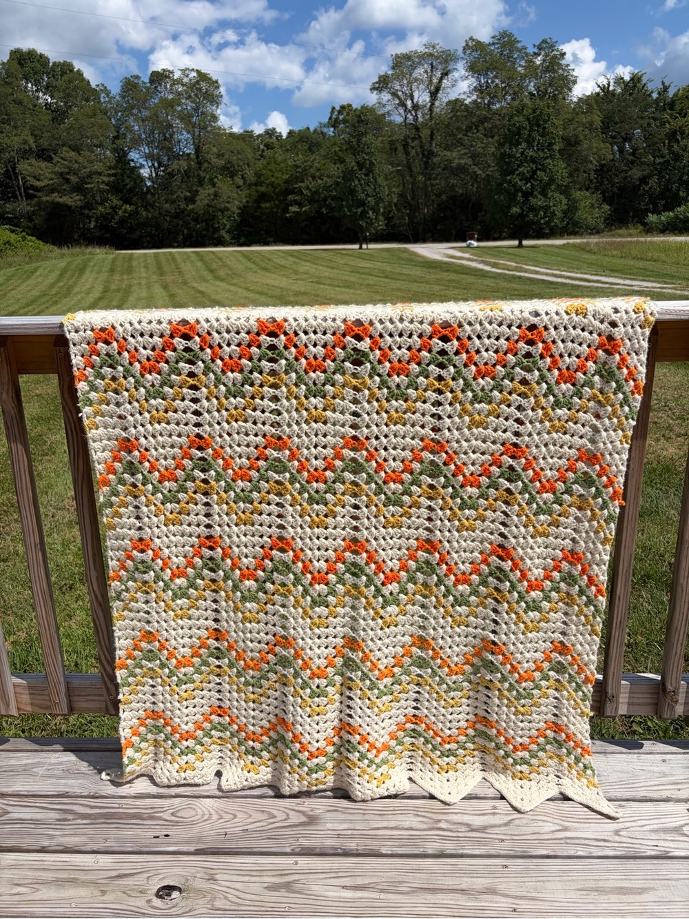 Vintage Crochet Afghan Throw Blanket Chevron Retro 70’s Colors 60 x 40 Scalloped